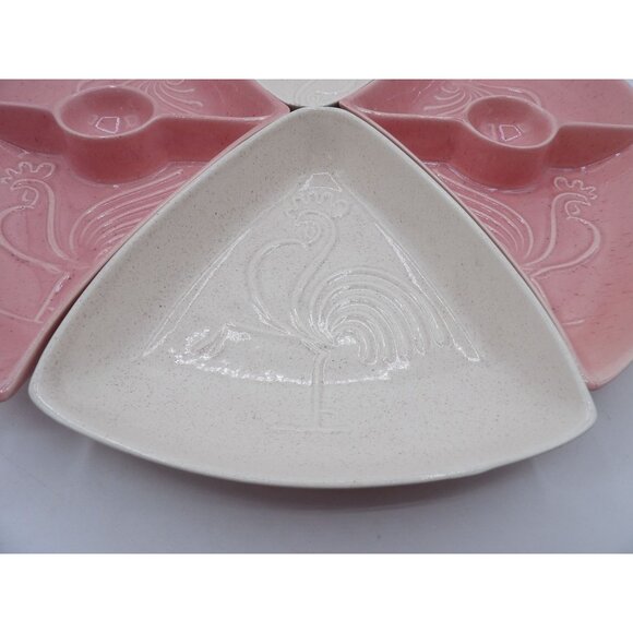 Vintage Rooster Divided Serving Platter Set - Pink & White Ceramic - 4 Sections - Picture 6 of 13